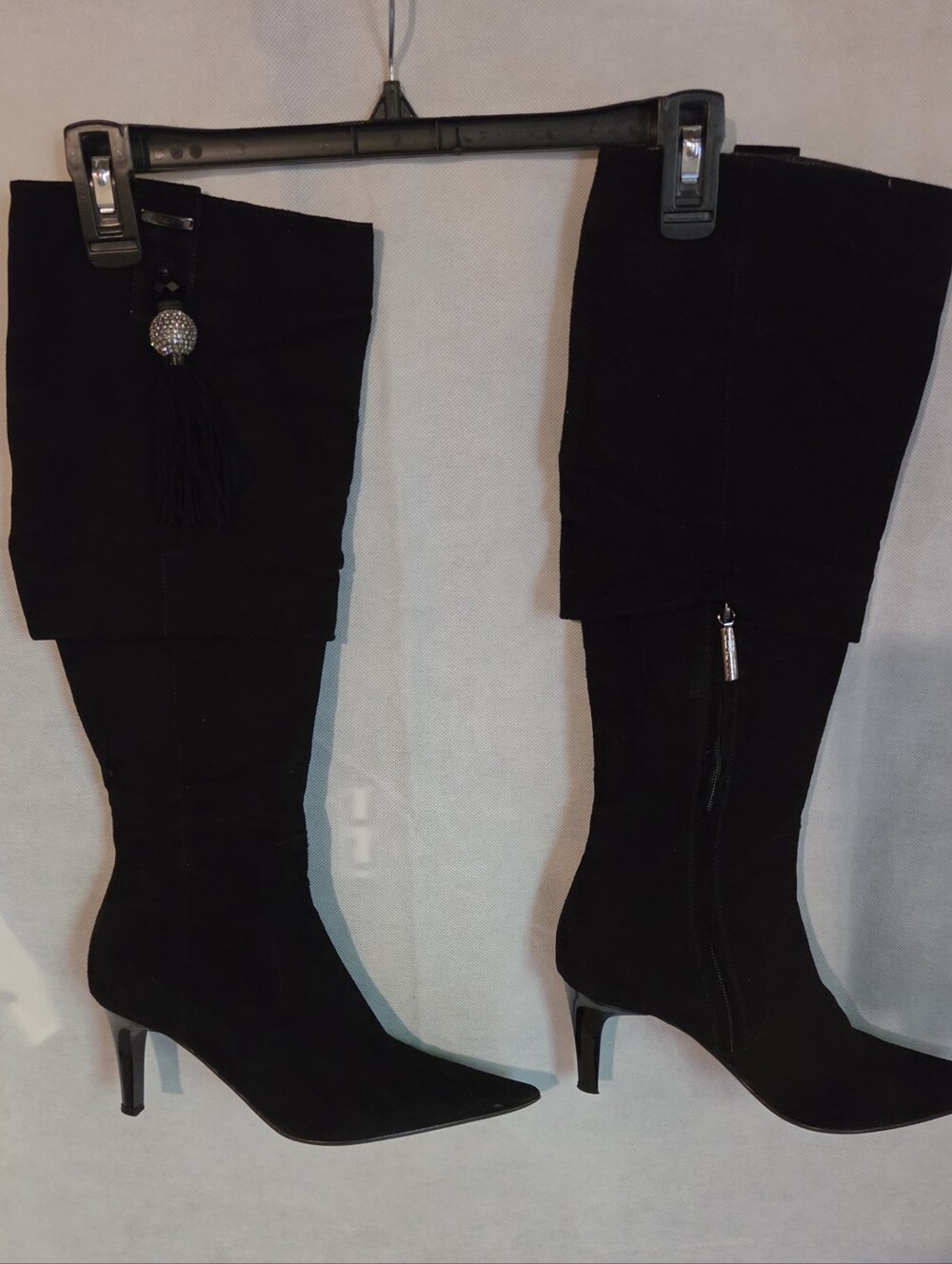 CERRUTI Black Suede Over The Knee Boots Sz 37 US 6.5 Rhinestone Tassel Kitten He